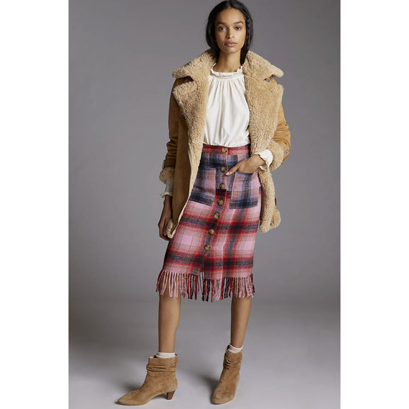Anthropologie Pink Fringed Plaid Mini Skirt - New - Size 8 - Picture 1 of 9